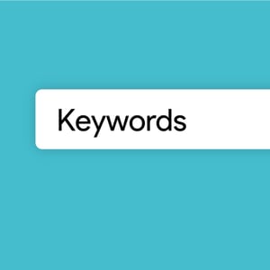 blue and white graphic with word "keywords"