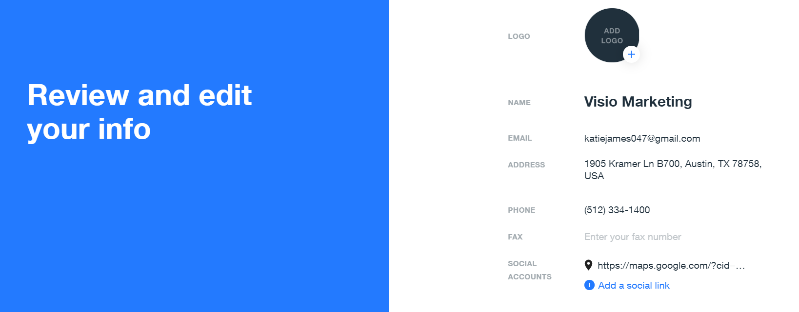 List of business info you've provided Wix before confirming