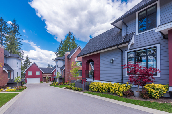 red and gray houses and flowers along a road