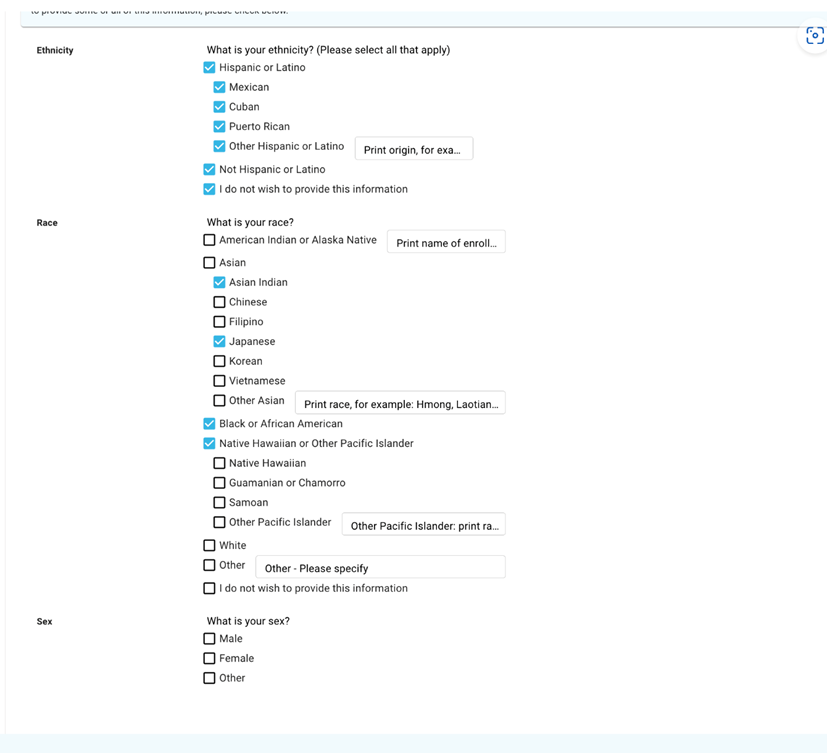 Demographics Screen shot
