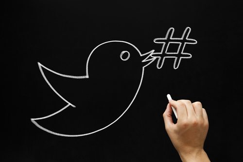 hand drawing Twitter logo and hashtag in chalk